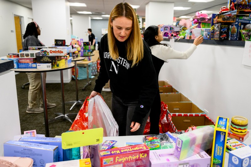 A Northeastern staff member sorting toys.