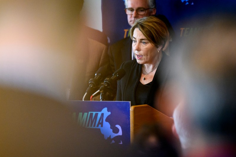 Governor Maura Healey speaking at a podium.