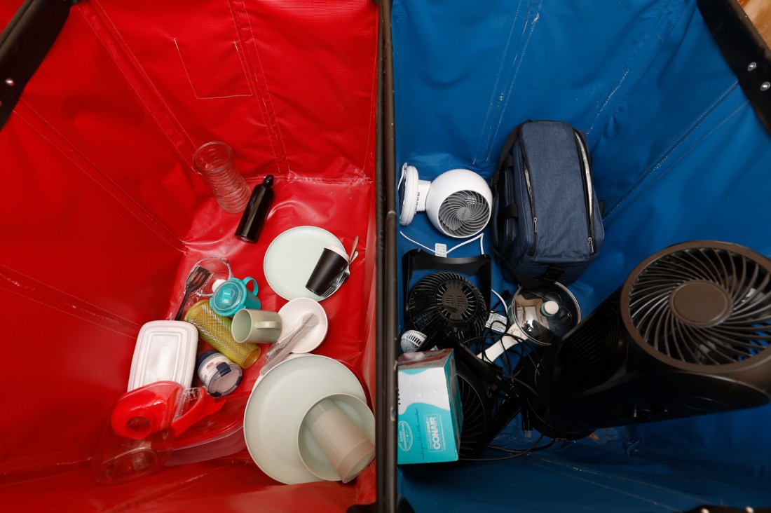 Storage bins filled with donations.