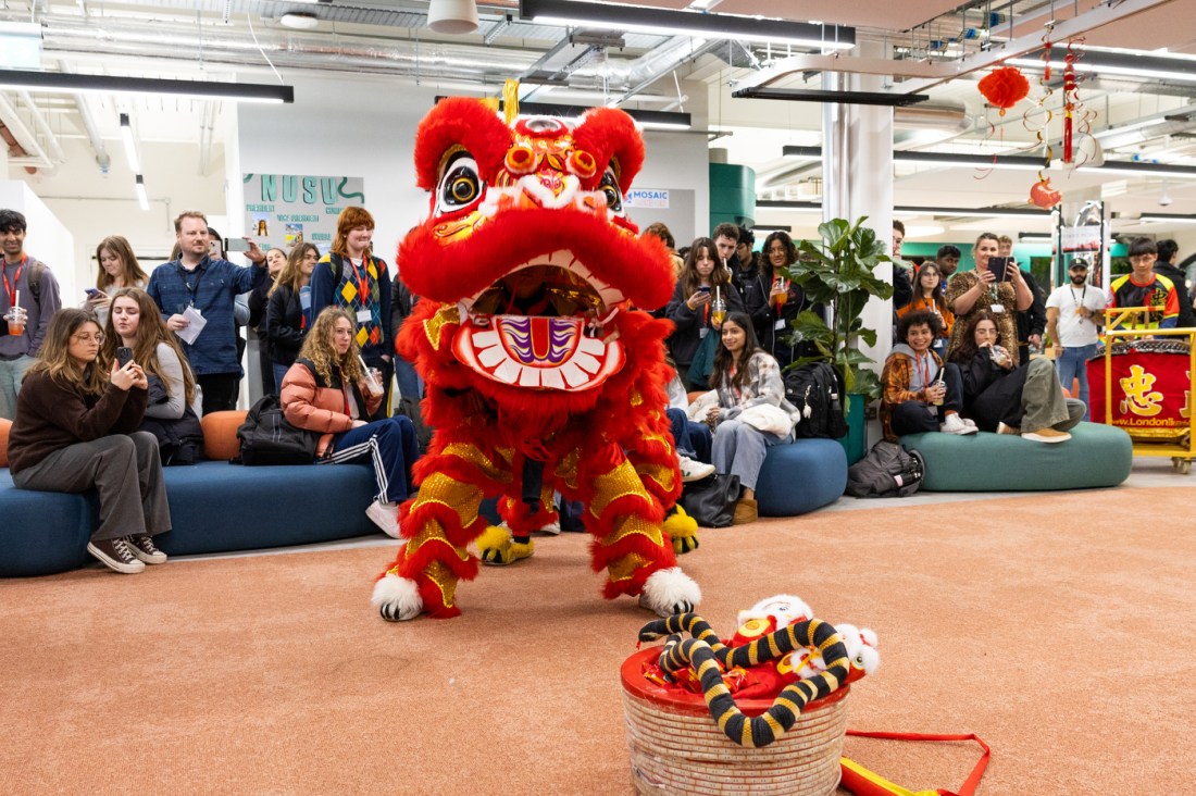 A person in traditional Chinese dragon costume on a dance floor.