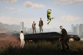 A screen capture from 'Grand Theft Hamlet' that shows five people standing around or on top of a car. One person is doing a flip off of the car.