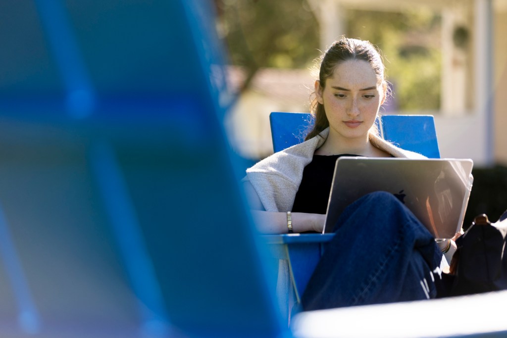 Person sits outdoors in a chair, focused on a laptop, with a sunny and peaceful setting in the background.