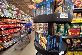 Shelves of food at a grocery store.