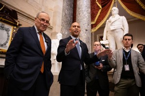 Chuck Schumer and Hakeem Jeffries speaking with reporters at the Capitol.