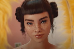 AI-generated virtual influencer with dark hair in buns and freckles, looking directly at the camera.