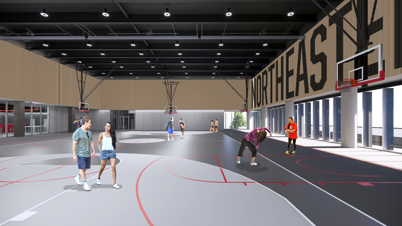 A digital rendering of people stretching and walking across a basketball court.