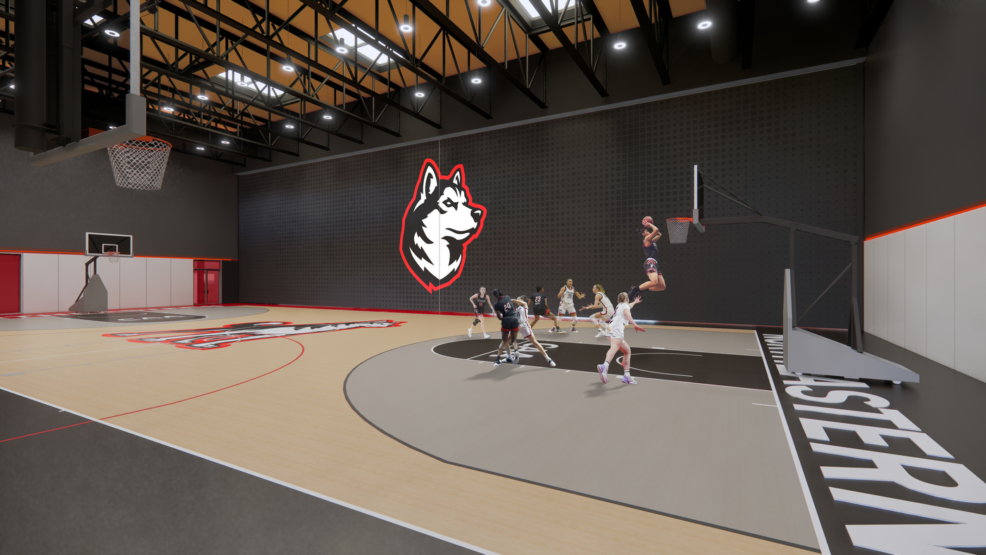 A digital rendering of people playing basketball on a court.