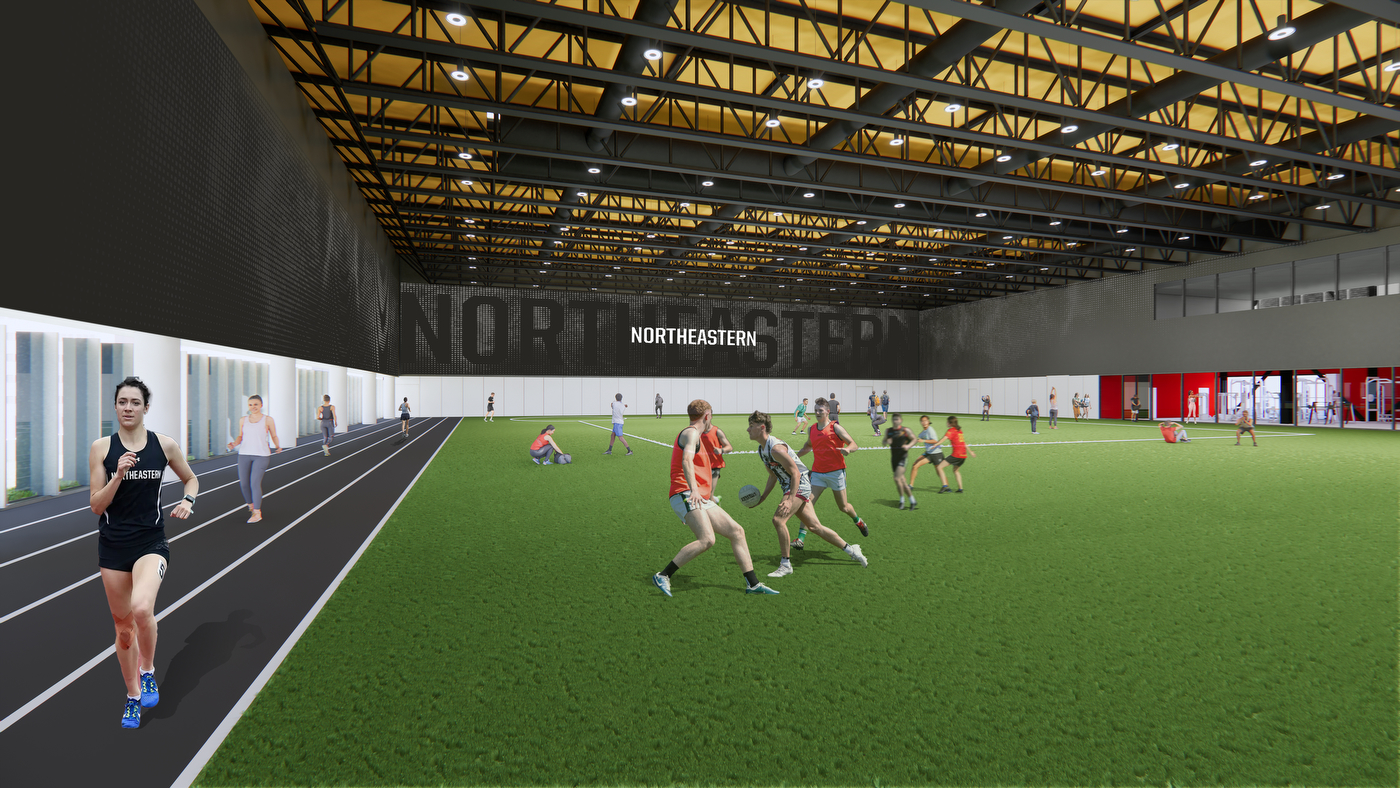 A digital rendering of students running on a track around a field where other students are playing rugby.