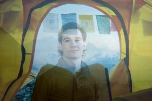 A multiple exposure of Evan Kenny, the Himayalas, and the view from his tent during his Mount Everest climb.