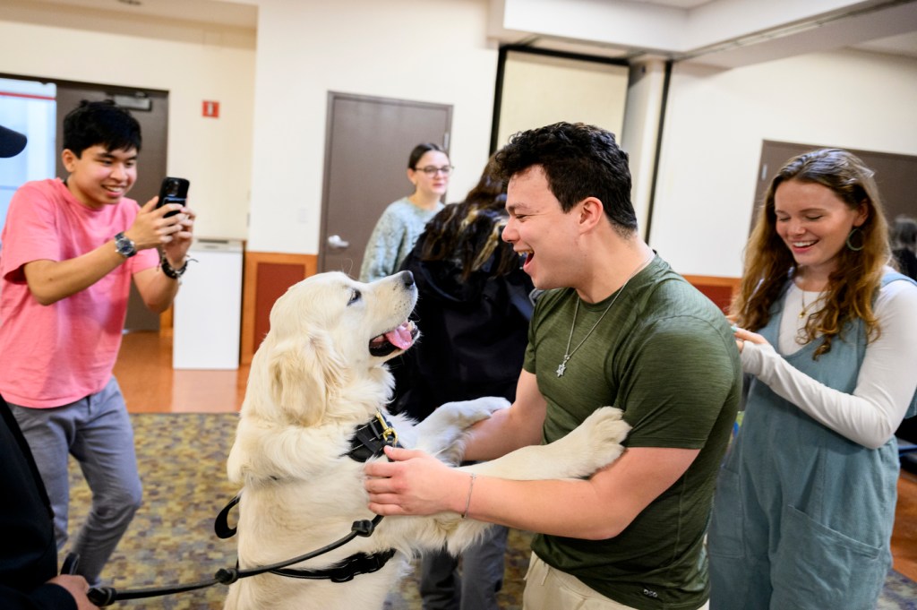 A smiling person joyfully interacts with a dog while others around them watch and take pictures indoors.