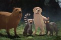 A screen capture from the movie "Flow" that shows an animated capybara, lemur, dog, and cat all standing next to each other.