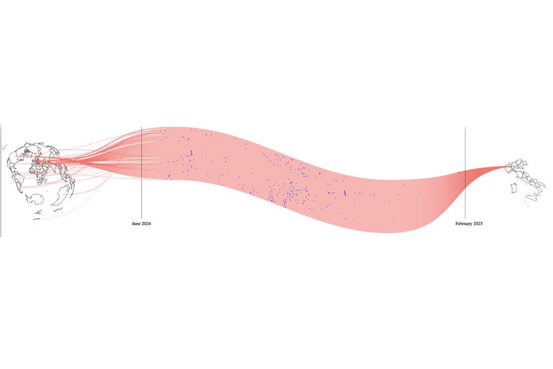 A mockup of a data visualization, showing the flow of applications from the world (at left) to Venice (right), as a red stream of lines.