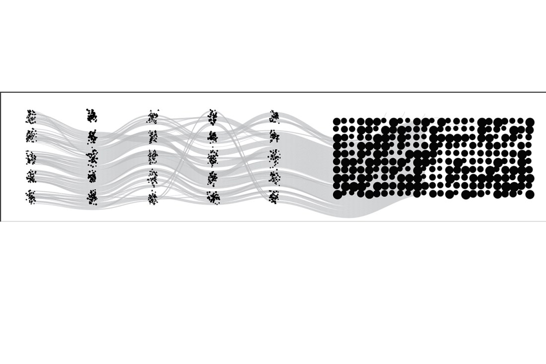 A mockup of a data visualization of applications to the Venice Biennale, with dispersed dots coming together into a grid.