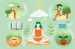 An illustration depicting various forms of wellness. There is a person doing yoga in a park, a person running, a plant, a book.