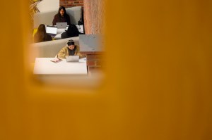 Several people are seen working on laptops in a shared indoor space, viewed through a narrow opening or window in the foreground.