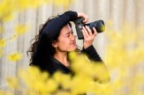 Northeastern student Faith Nguyen photographs through spring foliage with a camera in hand.
