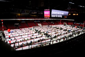 Rows of posters in Matthews Arena for the 2025 RISE Expo.