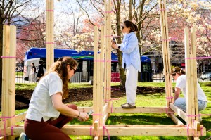 Several people work together to assemble a wooden structure outdoors on a sunny day, surrounded by trees and passing vehicles in the background.