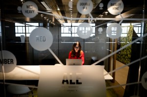 A student works on a laptop inside a conference room, surrounded by graphics showing different beer types.
