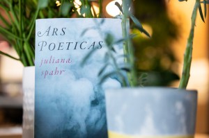The author's new book, which has a light blue color, featured between two potted plants.