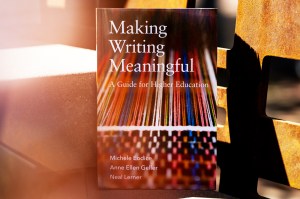 A book propped upright with the title 'Making Writing Meaningful' on it.