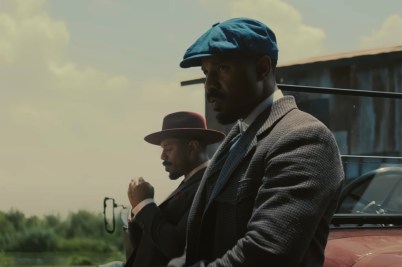 A screen capture of Michael B. Jordan playing twins in the movie 'Sinners'.