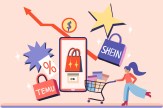 An illustration showing a person with a ponytail pushing a shopping cart. Above, shopping bags labeled &#039;Temu&#039; and &#039;Shein&#039; float along with a dollar sign and a line graph going upwards.