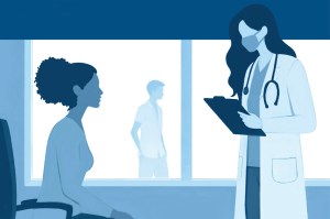 An illustration of a doctor wearing a white coat and a stethoscope around their neck standing in front of a patient who is sitting in a chair.