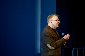 William Sharp speaking on stage at the Last Lecture.