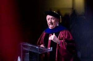 Daniel Levangie speaks at Northeastern’s Bouve College commencement ceremony.