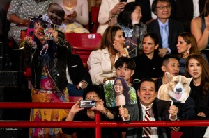 A group of people sit and stand in an arena, smiling, cheering, and holding up large printed cutouts of faces and a dog.
