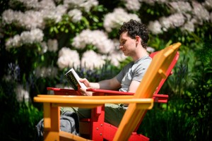 A person sits in a brightly colored outdoor chair reading a book, surrounded by greenery and blooming flowers on a sunny day.