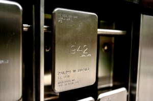 A dog tag hangs from a wall as part of the Veterans Memorial on Northeastern's Boston campus.