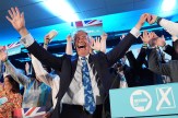 Nigel Farage with his arms raised in the air in celebration.