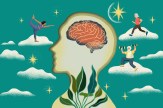 An illustration of a silhouette of a person&#039;s side profile with a brain inside them. Around them clouds are floating with people exercising on them.