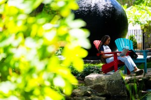 A person sits outdoors working on a laptop near greenery and a large sculpture.