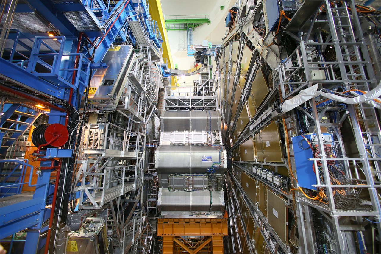 Interior view of the ATLAS detector at CERN&Atilde;&cent;&Acirc;&Acirc;s Large Hadron Collider, showing intricate machinery and scaffolding inside the underground facility.