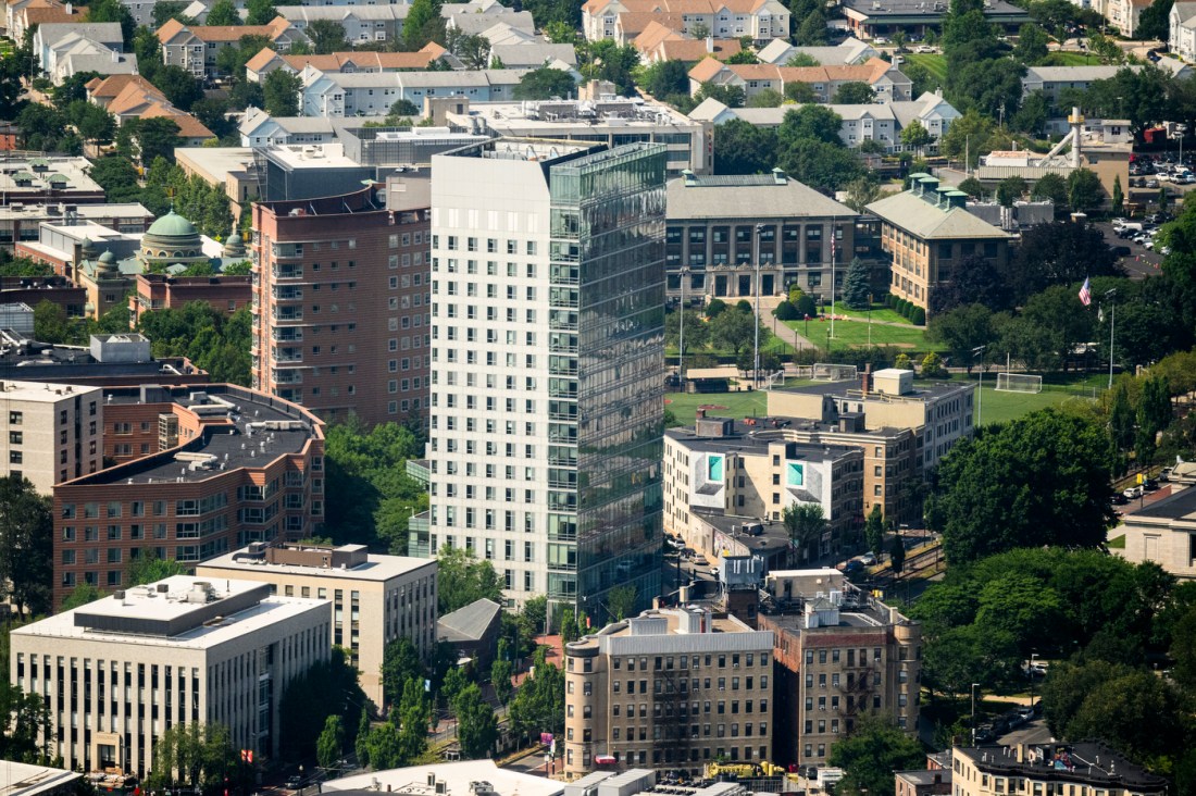 An aerial view of buildings in the city of Boston.