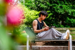 A person sits on a bench surrounded by greenery, focused on a task.