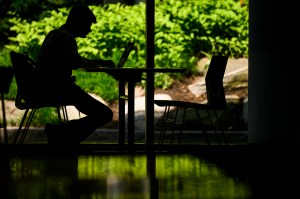 The silhouette of a student sitting in front of windows working on a project. In the background, there is green foliage outside of the window.