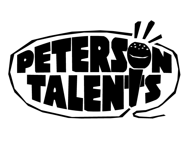 A black text logo for Peterson talents, a microphone depicting the "O" in Peterson.