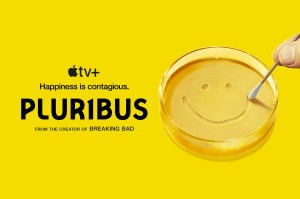 A yellow logo for the forthcoming television show "Pluribus."