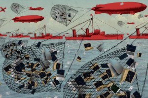 An artistic illustration that shows red-colored warships on the water's surface, with what appear to be dirigibles or airships in the sky above. Below the water, there are numerous dark geometric shapes - likely representing submarines, mines, or underwater obstacles - scattered across the seabed.