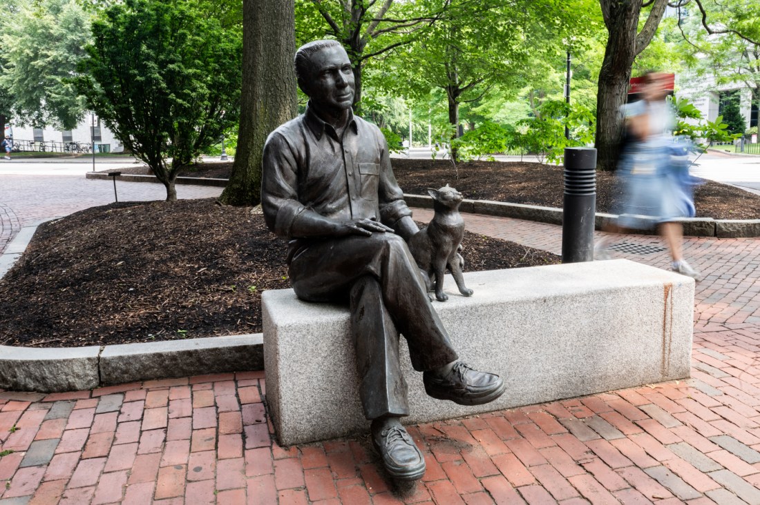 The Shillman Cat statue. Robert J. Shillman sits with one hand on his knee and one hand on Yitz the cat, who looks up proudly.