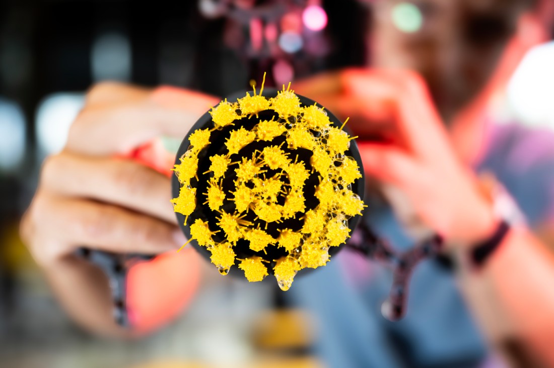 Close-up of the SCCRUB robot’s circular head covered with bright yellow bristles, held by a student during a robotics project in Northeastern’s EXP robotics bay.