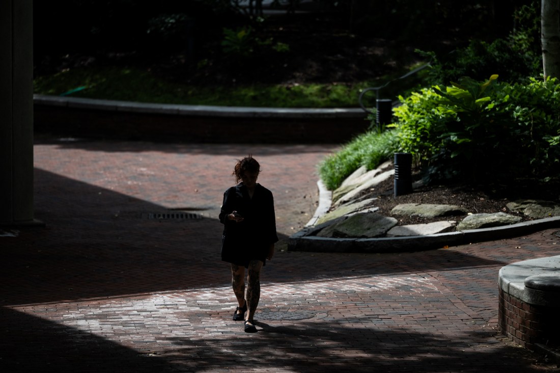 A silhouetted person walks alone on a brick pathway through Northeastern University's Boston campus, partially illuminated by sunlight filtering through trees, with greenery and landscaping in the background.