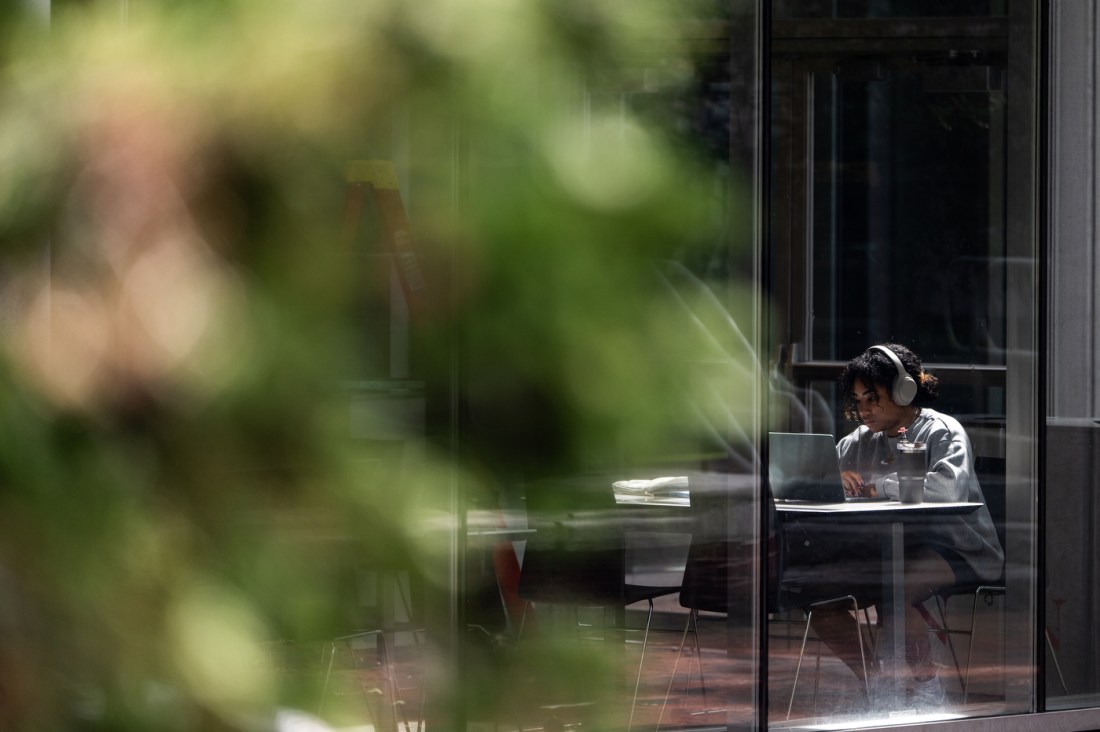 A Northeastern University student, wearing headphones, studies intently on a laptop inside the Curry Student Center. The scene is viewed through a glass window partially obscured by greenery, giving the moment a quiet, focused ambiance.