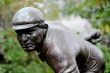A close-up of the statue of Cy Young on the Boston campus.