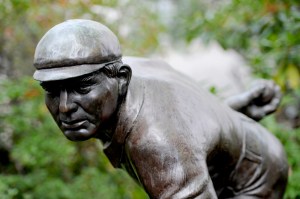 A close-up of the statue of Cy Young on the Boston campus.