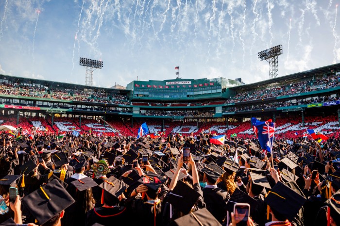 A shot of Northeastern University students celebrating graduation at Fenway Park in Boston.